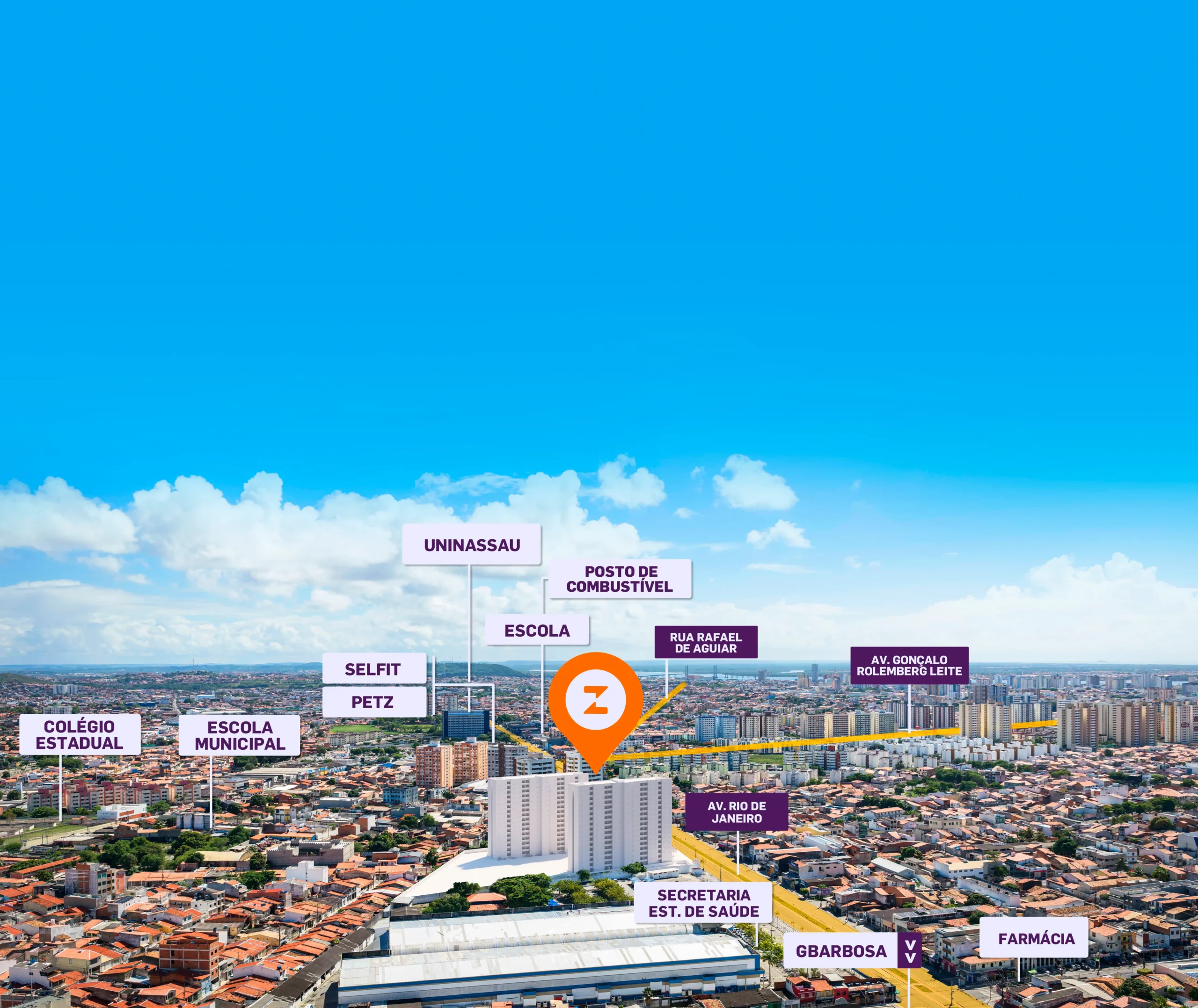 Vista aérea de empreendimento residencial da Stanza em Aracaju com destaque para localização estratégica próxima à Avenida Rio de Janeiro, Orla da Atalaia, Shopping Jardins, Ferreira Costa e Secretaria Estadual de Saúde.